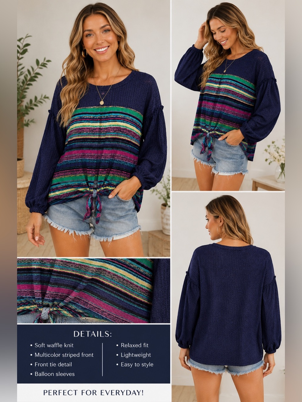 Umgee USA Waffle Knit Striped Tie Front Top | Navy Multicolor | Size Small NWT